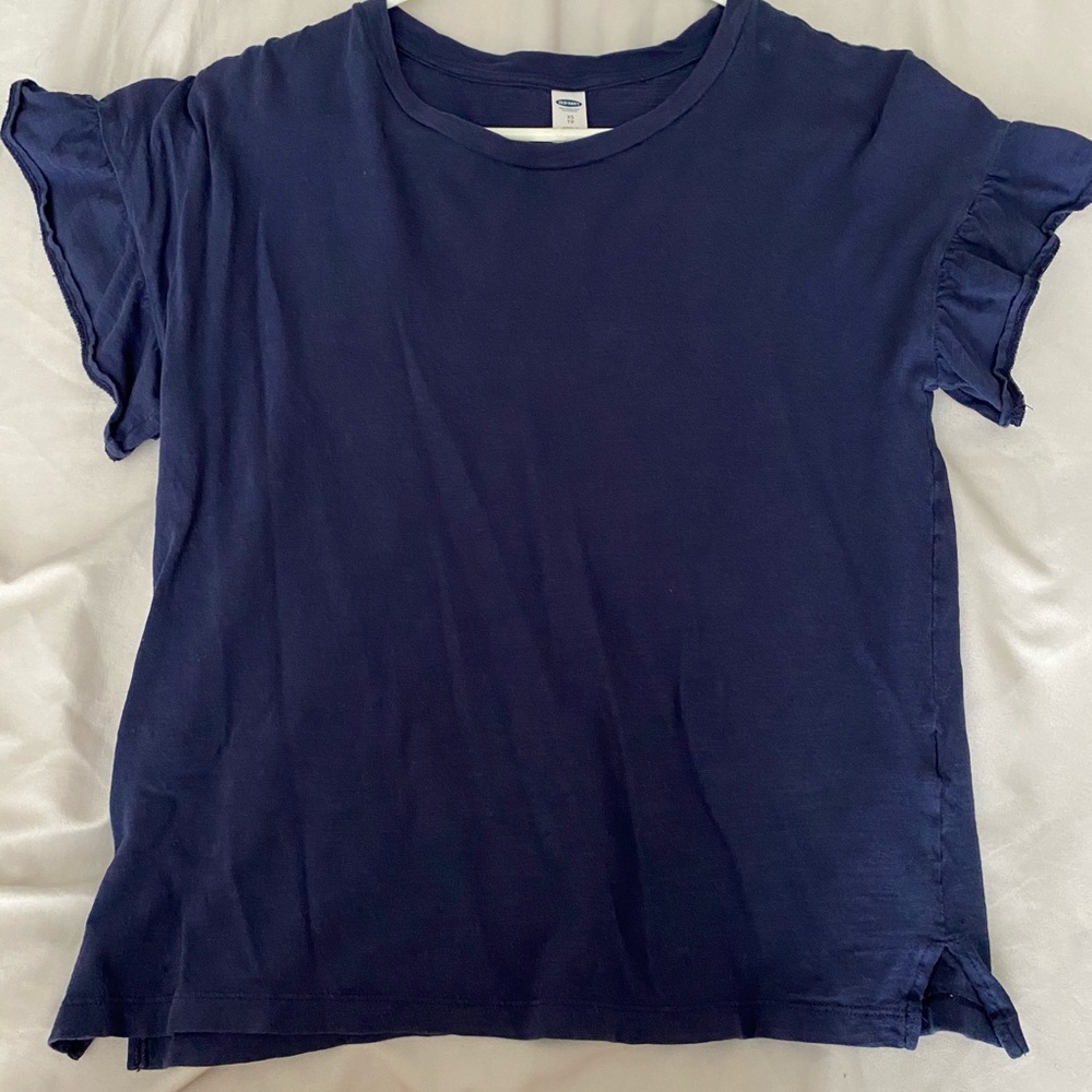 Navy ruffle sleeve shirt